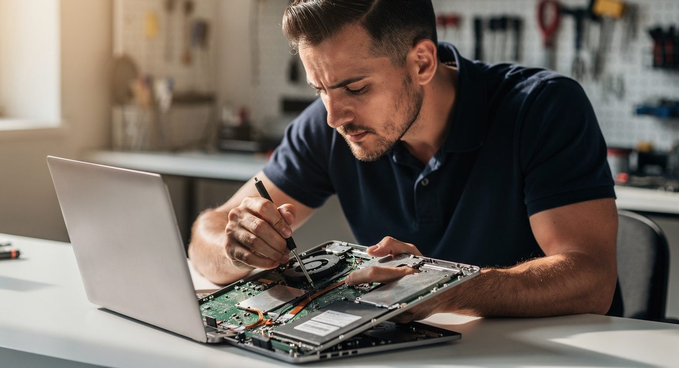 Technician using a precision screwdriver to repair an opened laptop